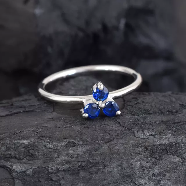 Natural Blue Sapphire Flower Shape Gemstone 925 Silver Handmade Ring For Women's