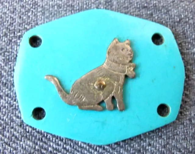 Vintage silver plated cat kitten turquoise celluloid applique link pendant