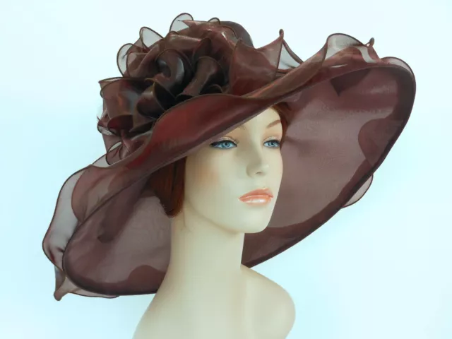 New Church Kentucky Derby Wedding Organza Wide Brim Dress Hat 3546 Brown