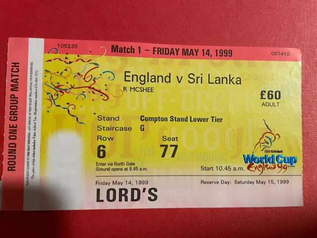 Ticket. England v Sri Lanka Cricket. World Cup Finals 14 May 1999