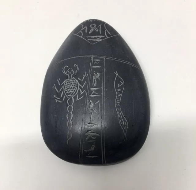 Vintage Black Egyptian Scarab Beetle Carved in Stone with Hieroglyphics 4”