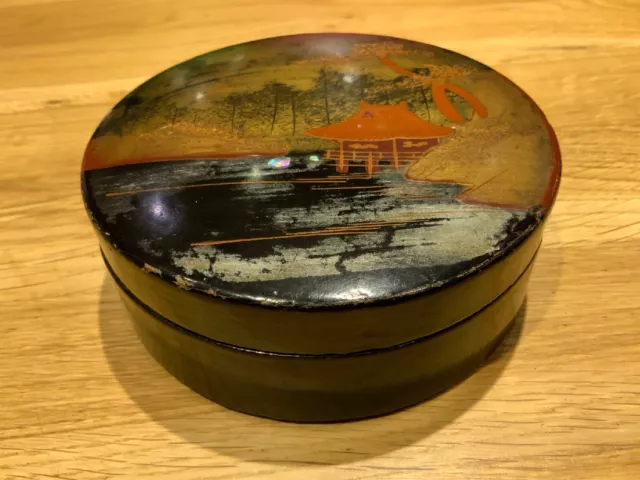 Antique Chinese Lacquered Powder Boewl Decorated With Wooded Lake & Pagoda Scene