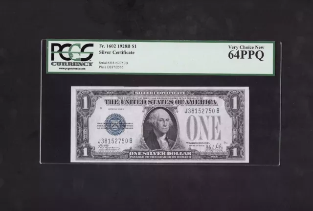 1928-B $1 Dollar Silver Certificate, Fr# 1602, Pcgs  Very Choice New 64Ppq
