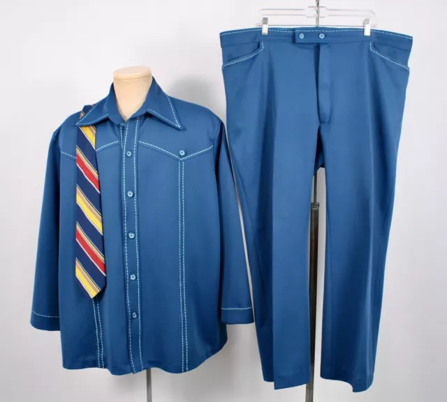 Mens VTG 70s 2 PC Blue Leisure Suit W Tie Sz 2XL (?) 1970s Disco Polyester