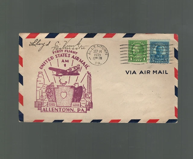 US First Flight Cover United Airlines Allentown Pennsylvania to Hagaman NY 1935