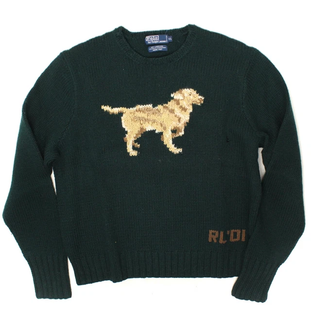 Polo Ralph Lauren Mens Dog Sweater XL Dark Green Wool Knit RL’01 Damaged