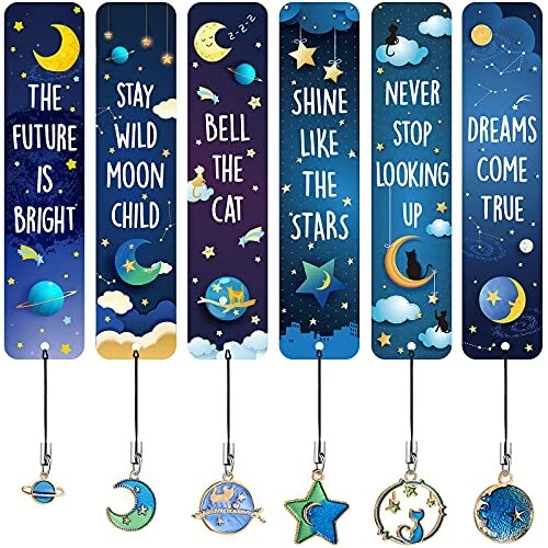 12 Pcs Bookmarks for Children Cat Moon Star Celestial Theme Space Bookmarks
