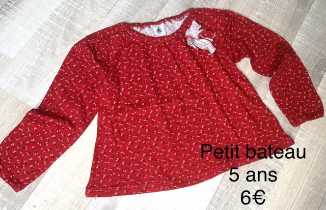 Petit Bateau 5 Ans Fille : T Shirt Manches Longues Rouge Fleuri Tbe