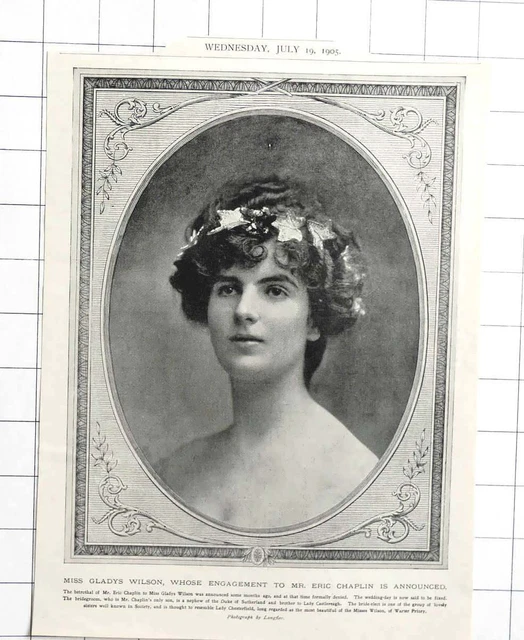 1905 PHOTO PORTRAIT Of Miss Gladys Wilson, Engaged To Mr Eric Chaplin