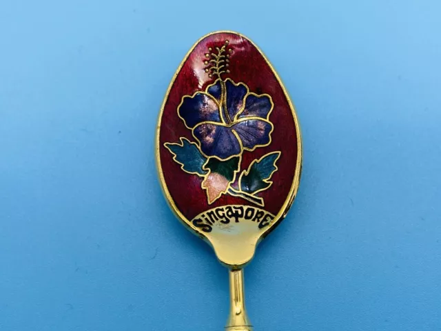 Vintage 5" Gold Plated Souvenir Spoon Enamel Bowl Purple Flower Singapore