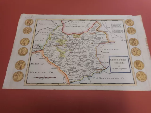 100% Original Leicestershire Map By H Moll C1734 Scarce Hand Coloured