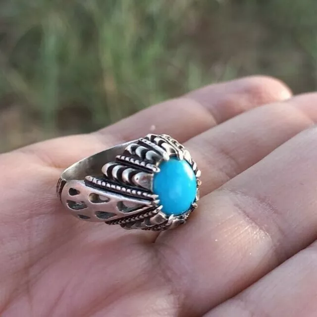 100% Natural Turquoise Blue Feroza Sterling Silver Men Islamic Sufi Shia Ring