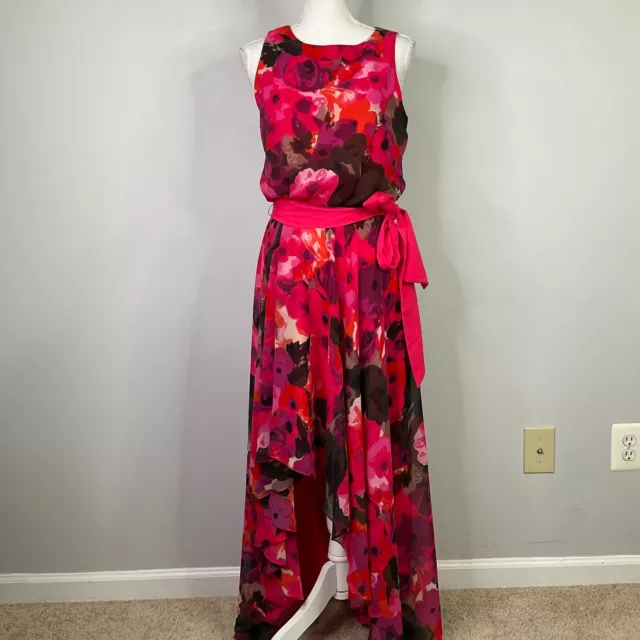 Eliza J Black and Pink Floral Print High Low Chiffon Maxi Dress Women Size 6