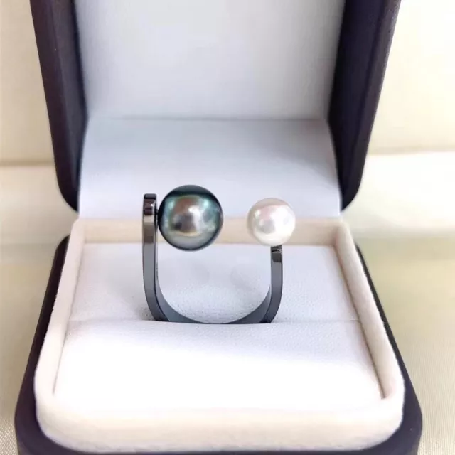 AAA  natural round Tahitian south sea black white  pearl ring