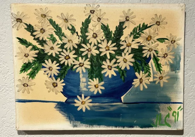 Vintage Oil on Canvas Daisies Still Life Painting Signed