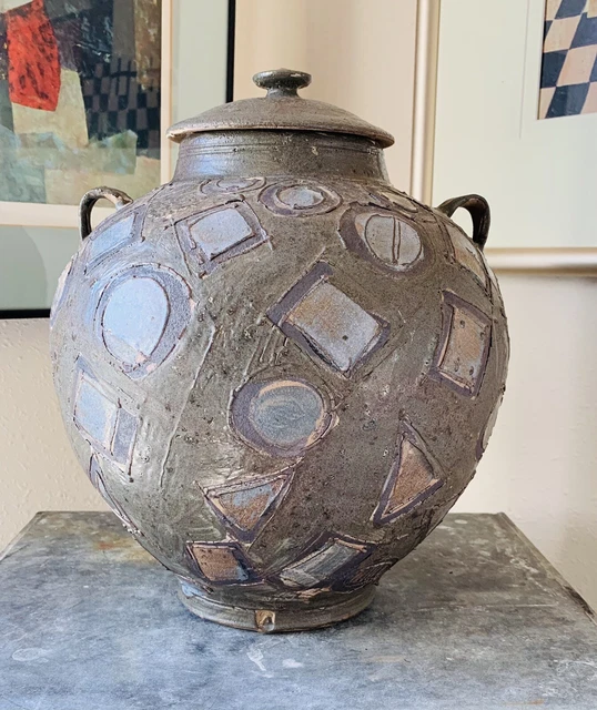 Vintage Signed Studio A Art Pottery Lidded Vase Urn Geometric Shapes