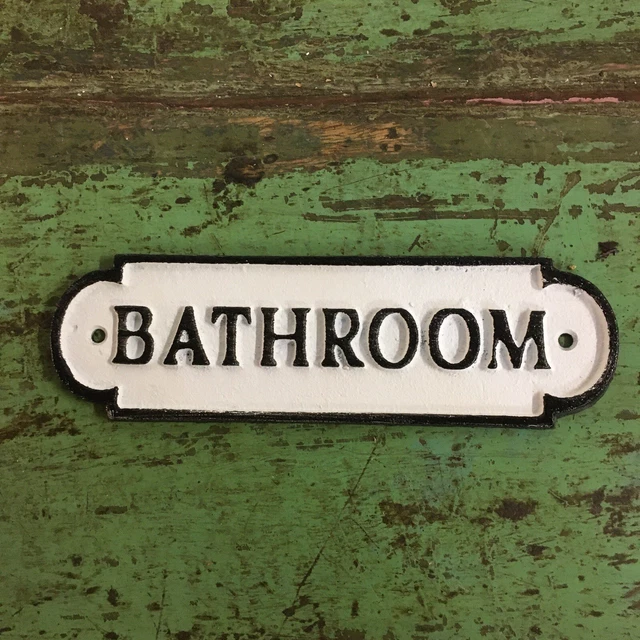 VINTAGE AGED VICTORIAN Black White CAST IRON Sign Bathroom Plaque