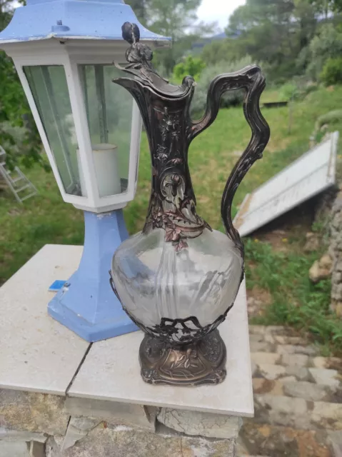 Aiguière Art Nouveau en cristal et argent massif Minerve