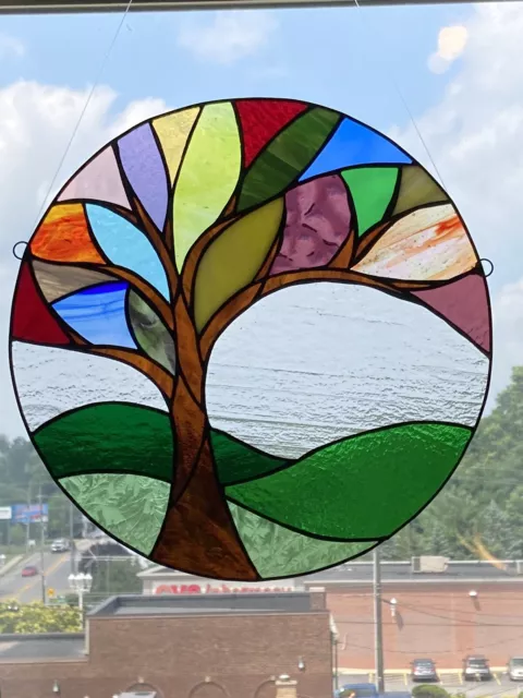 Stained Glass Tree Round Window Panel Handcrafted