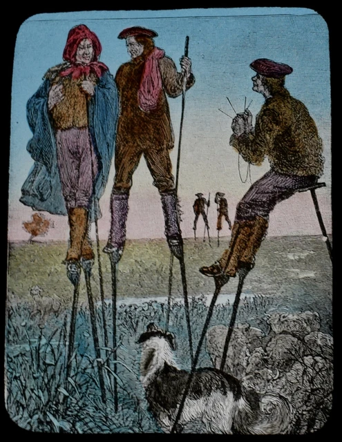 Magic Lantern Slide FRENCH LANDES C1893 VICTORIAN ILLUSTRATION STILT WALKERS