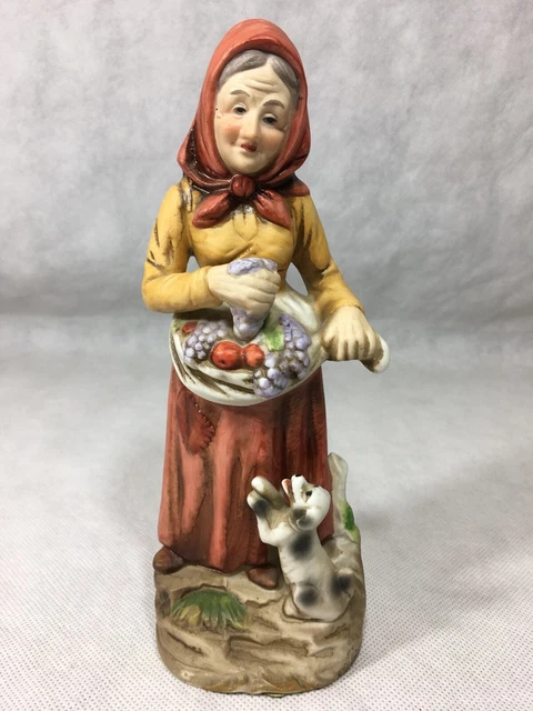 Vintage Homco Figurine 1417 Elderly Old Woman with Fruit Basket Begging Puppy 8"
