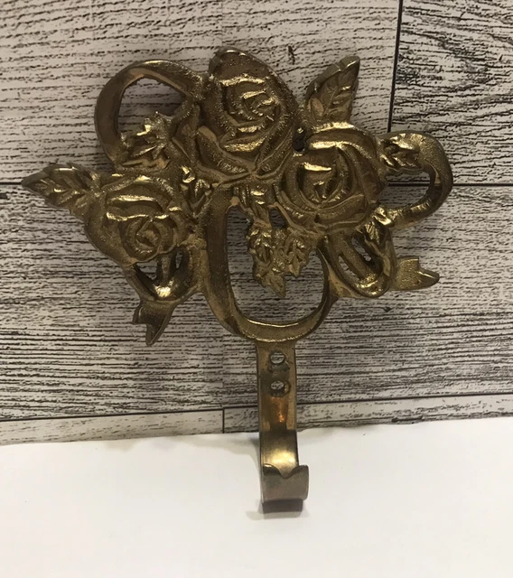 Vintage Brass Floral Roses Wall Hook Hanger Holder Hanging Coat Towel Picture