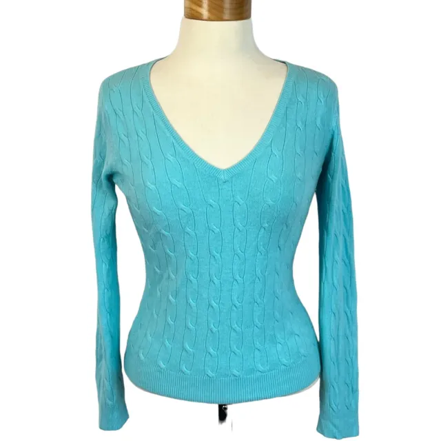 New York & Company Women's Blue V-Neck Cable Knit Long Sleeve Sweater Size M