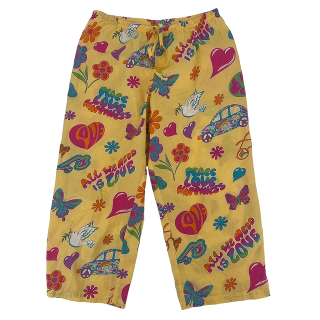 Nick & Nora Size Small Y2k PJ Pants Capri 70s Hippie Peace Flower VW Bug Yellow