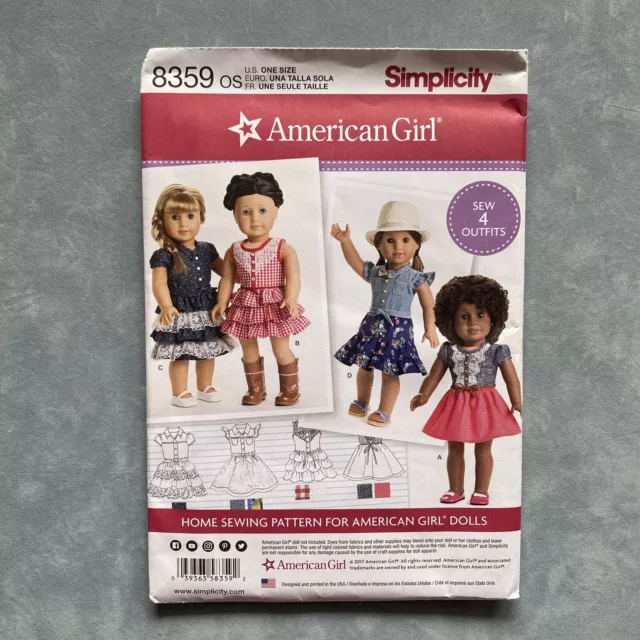 Simplicity 8359 American Girl 18" Doll Dress Clothes Sewing Pattern Uncut