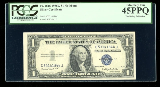 DBR $1 1935-G Silver Fr. 1616 No Motto CJ Block PCGS 45 PPQ Serial C53141844J