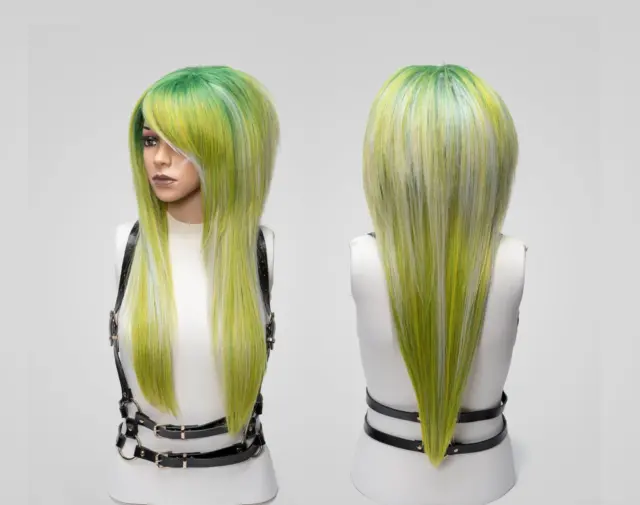 Green White Spiky Mullet Emo Wig Bangs Fringe Long Full Density Styled Cosplay