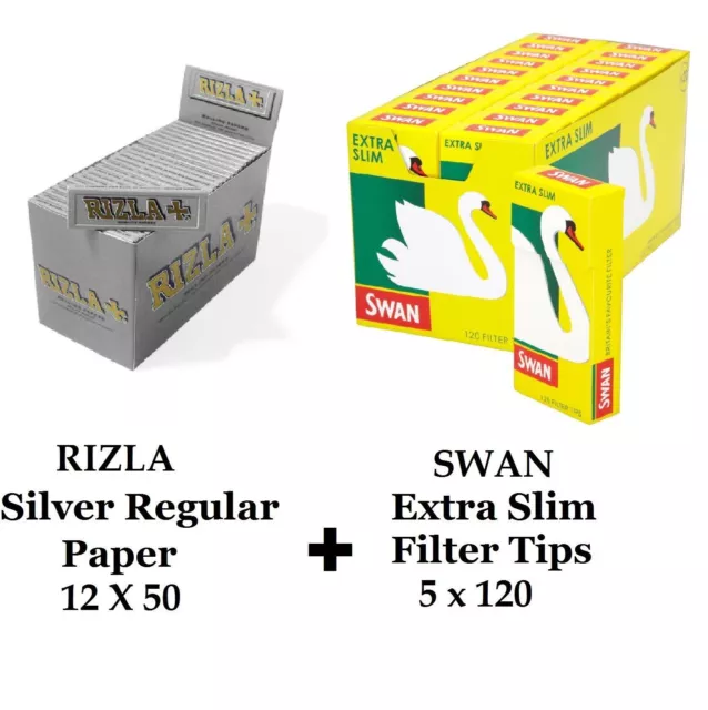 600 x Rizla Silver Regular Rolling Papers & Swan Extra Slim Filter Tips Smoking