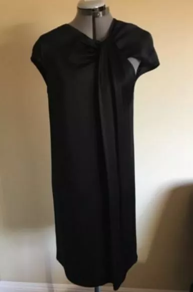 NWT St. John Collection Dress Asymmetric Drape-Front Liquid Satin Black Size 12