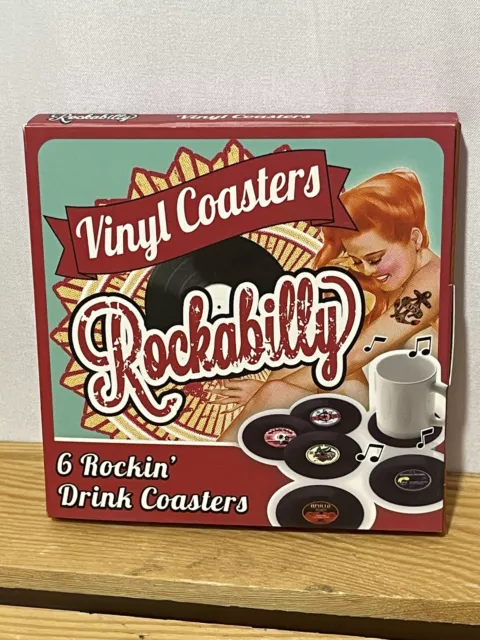New! Set of Six (6) Vinyl Rockabilly Record Drinks Coasters Boxed Set