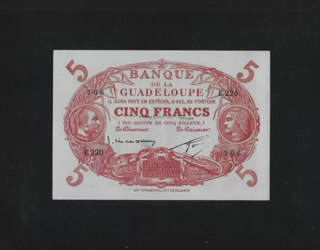 Guadeloupe 5 FRANCS 1901 ND 1934 - 1943 P-7 AU-UNC RARE FRANCE FRENCH ANTILLES