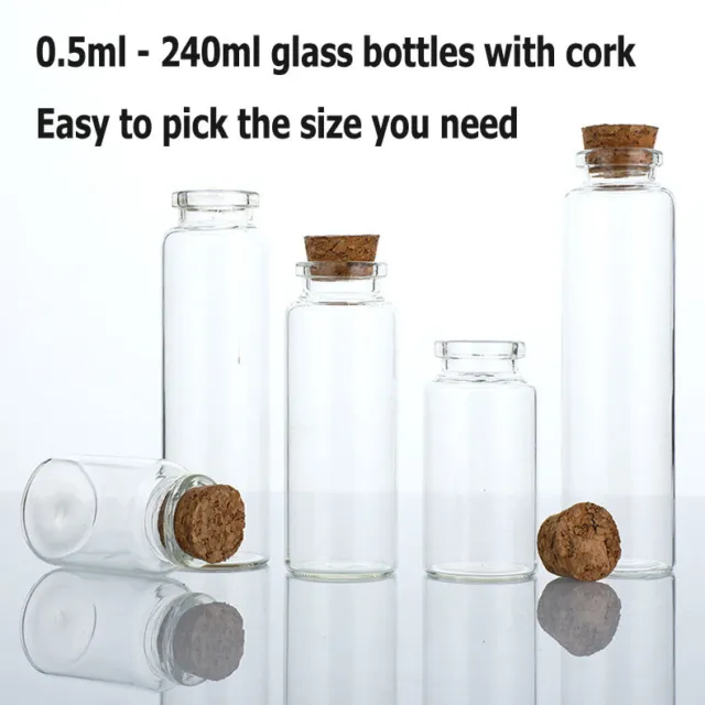 0.5ml - 240ml Small Tiny Glass Bottle Vials Jars Empty Transparent Cork Bottles