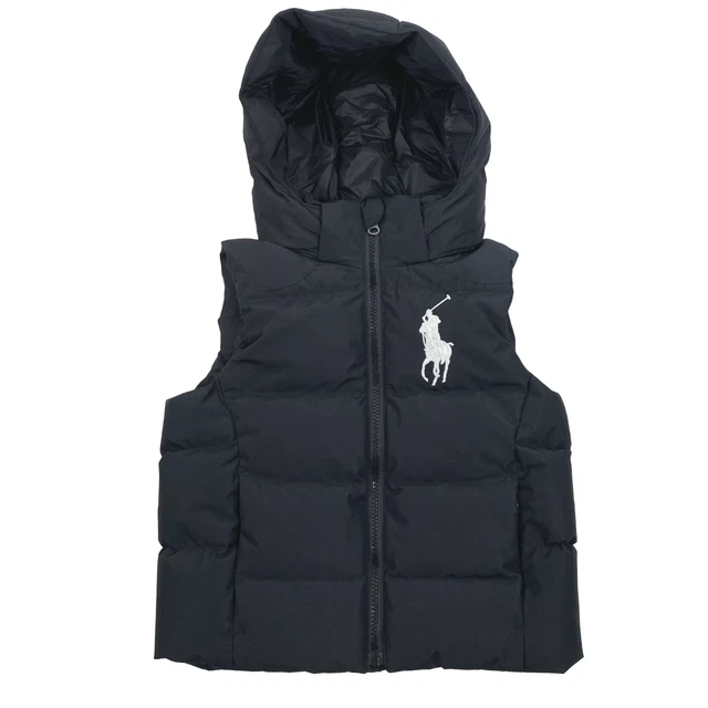 Polo Ralph Lauren Down Puffer Vest Jacket Boy's Size 5 Black Hooded CJ-1152