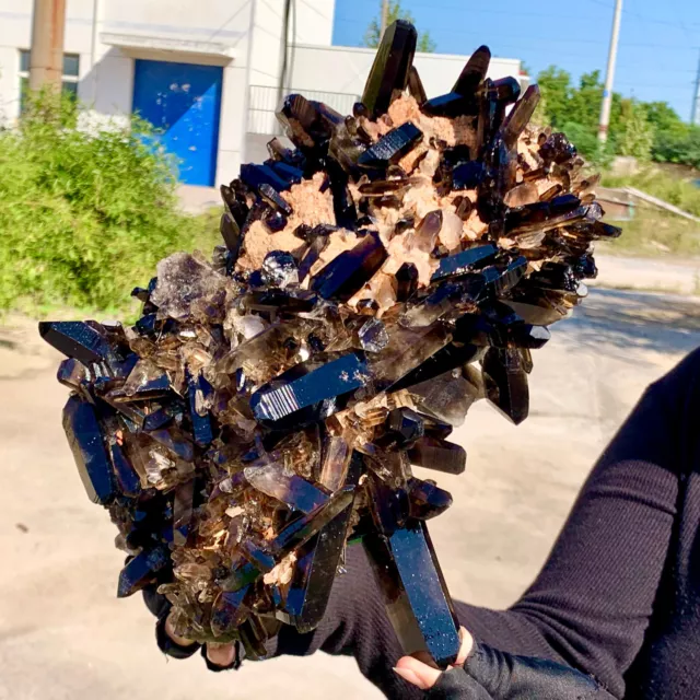 8.6LB Natural smoked black crystal dot column cluster quartz ore specimen