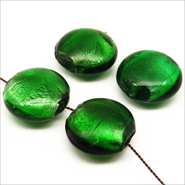 Lot de 4 Perles en Verre Lampwork Feuille d’Argent Galets 20mm Vert