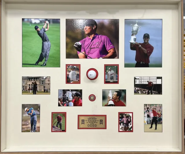 TIGER WOODS Signed Photo 8x12 + Nike Golf Ball Collage Display FRAMED COA