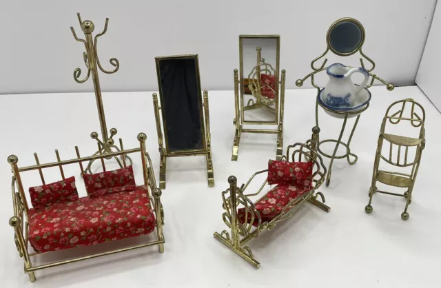 Lot Of Vintage Brass Dollhouse Furniture Cradle High Chair Coat Rack Day Bed Lot Of Vintage Brass Dollhouse Furniture Cradle High Chair Coat Rack Day Bed