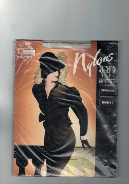 Vintage Pretty Polly Nylons Lace Top Stockings Size 6-7 Champagne