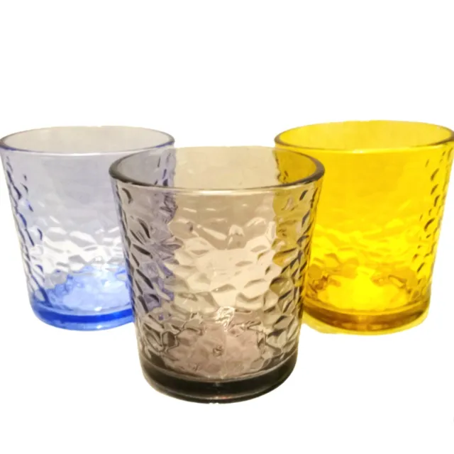 Libbey Glass Tumblers Set of 3 Colored Textured Blue Yellow Gray Cocktail Juice