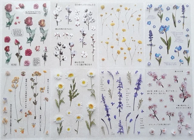 8 Sheets Flower Stickers, Plastic, Clear, Scrapbooking, Junk Journal, Ephemera