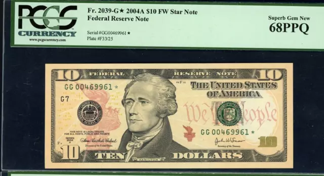 2004A $10 Federal Reserve*STAR*note--fr.2039-G*-(Chicago) PCGS Superb GEM 68 PPQ