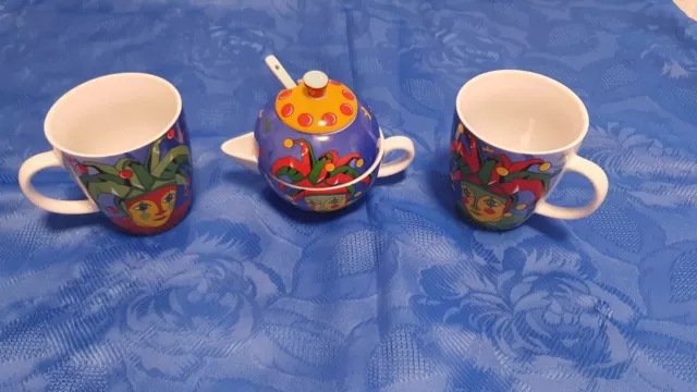 Ritzenhoff Jacobs Krönung Milchkännchen, Zuckerdose + 2 passende Tassen "Hofnarr