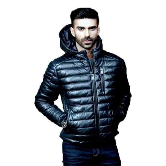 Mens Black Puffer Hooded Leather Jacket Genuine Lambskin Biker Casual Men Jacket