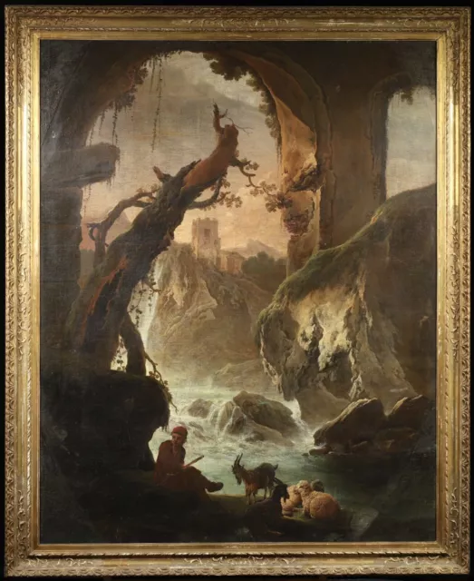 17th CENTURY GIANT ITALIAN OLD MASTER OIL CANVAS - YOUNG SHEPHERD BY WATERFALL