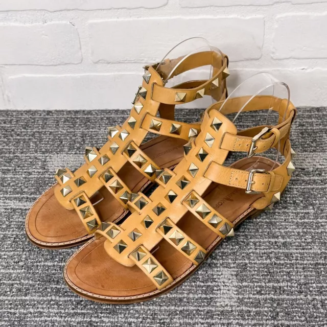 Rebecca Minkoff Sandals Rockstud Leather Studded Ankle Tan Flat 7.5 Gladiator