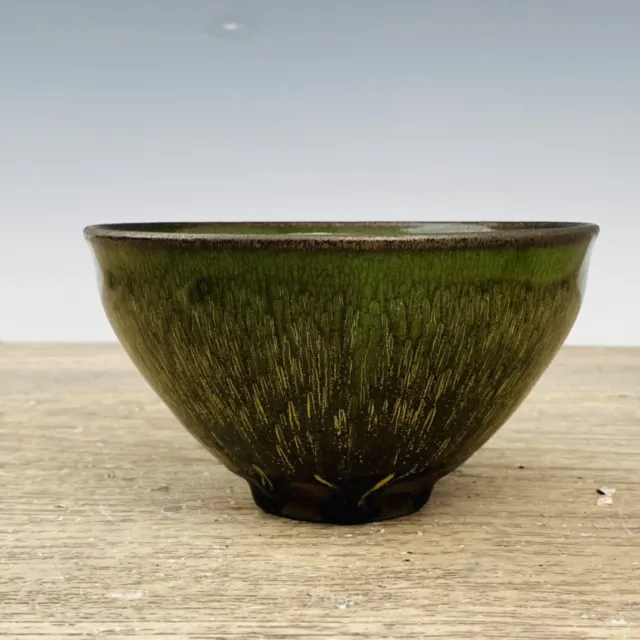4.9" China Porcelain Song dynasty jian kiln Fambe Green speckle jianzhan Teacup